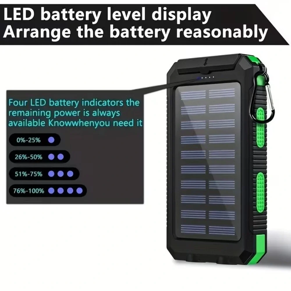 10000mAh Solar Power Bank Fast Charging Dual USB Portable Charger LED Flashlight